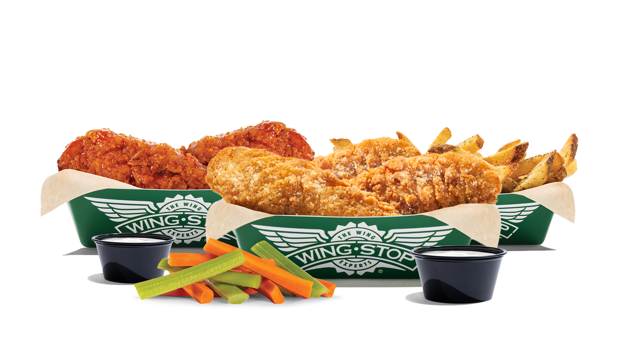 6 of our Crispy Tenders with 2 flavors, large fries, regular veggie sticks, and 2 dips