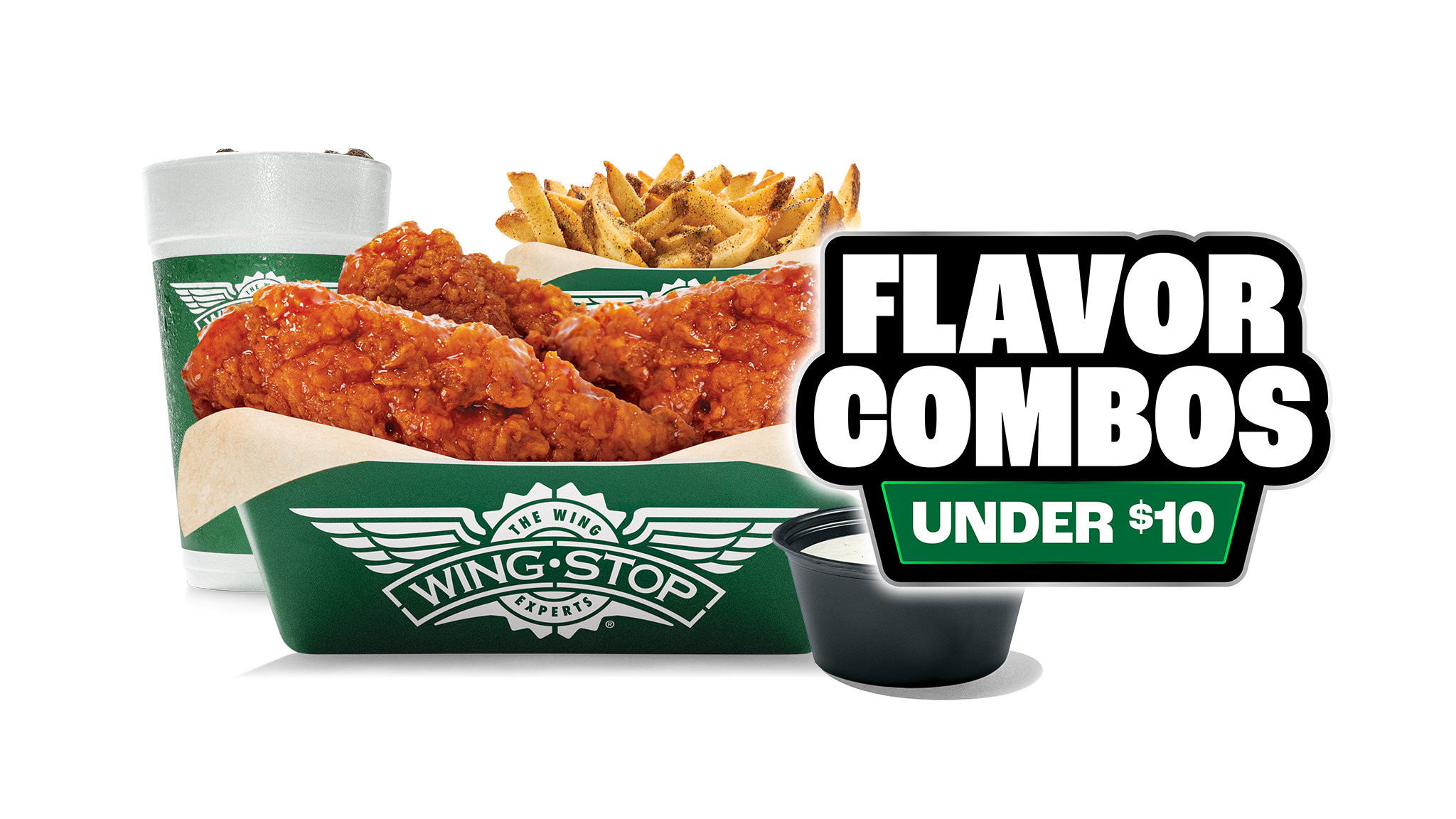 Three of our Crispy Tenders in 1 flavor, regular fries or veggie sticks, 1 dip and a 20 oz drink