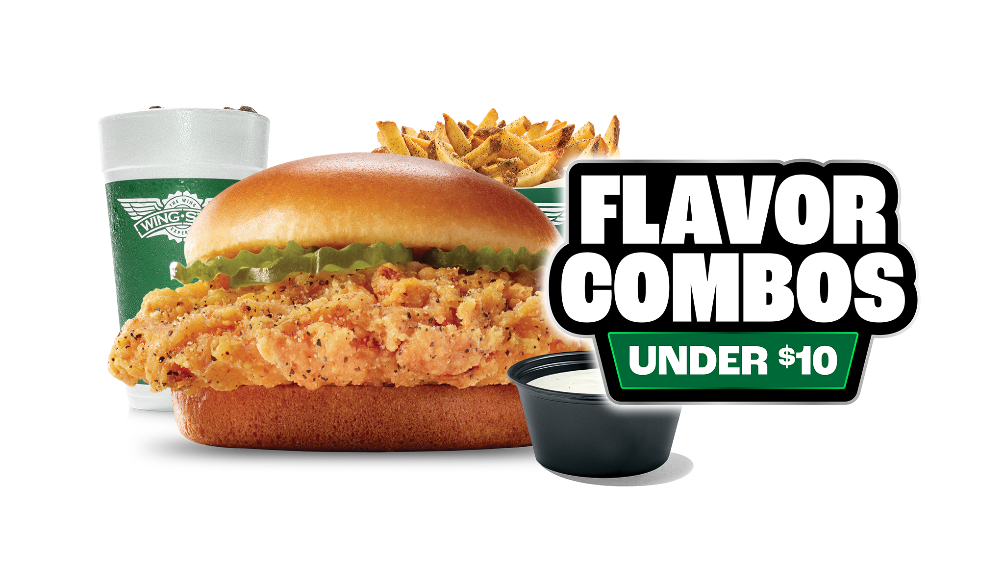 One crispy, juicy chicken sandwich with pickles in your choice of flavor, regular fries or veggie sticks, 1 dip and a 20oz drink
