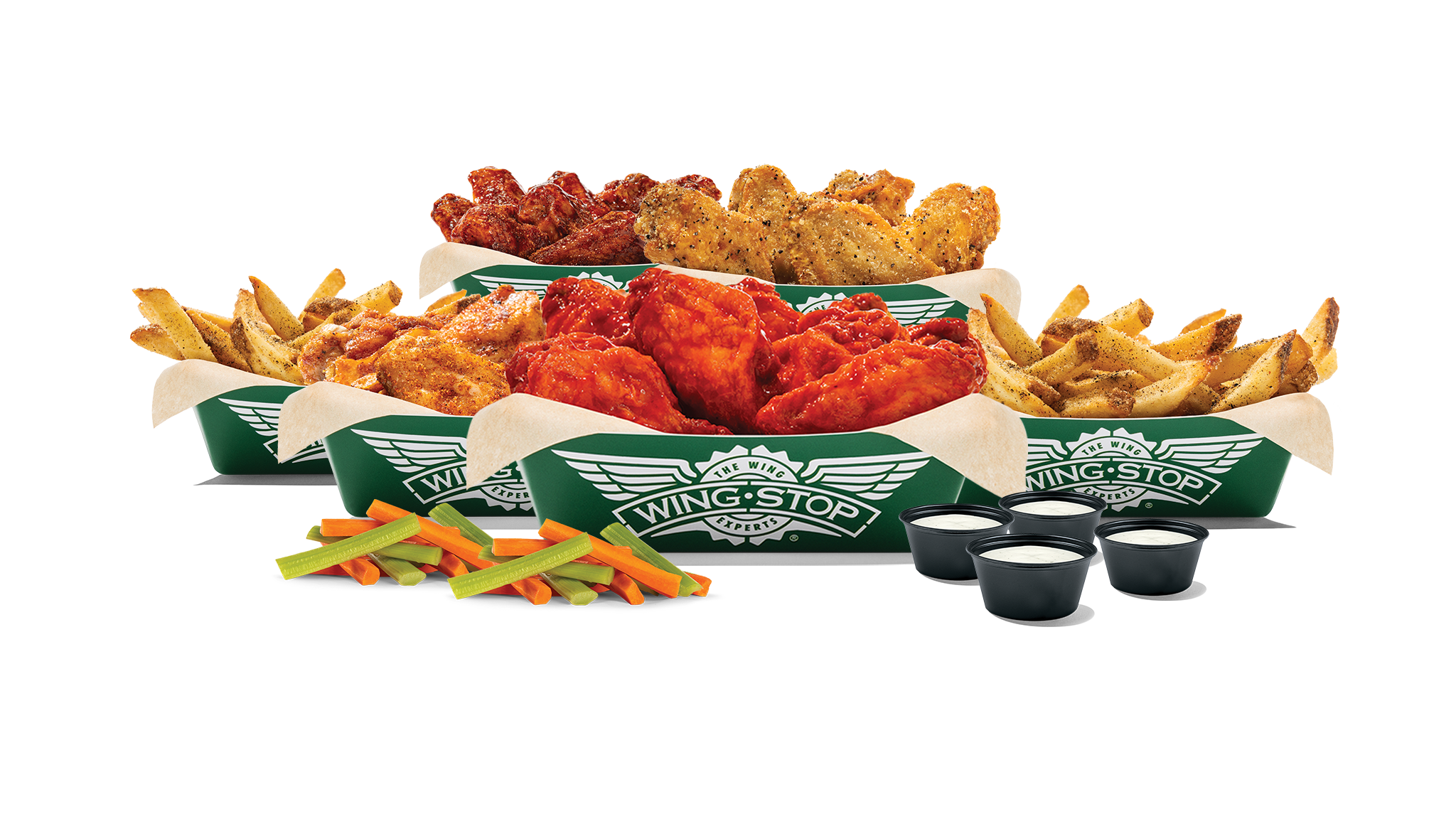 50 Boneless or Classic (Bone-In) wings with up to 4 flavors, 2 large fries, 2 veggie sticks and 4 dips. (Feeds 6-9)